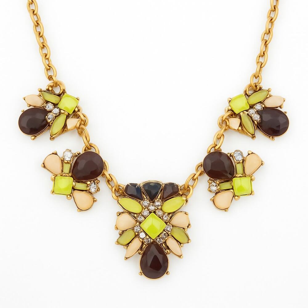 J Crew Statement Bib Necklace Multi-Stone Jewel Cluster Multicolor Gold Tone